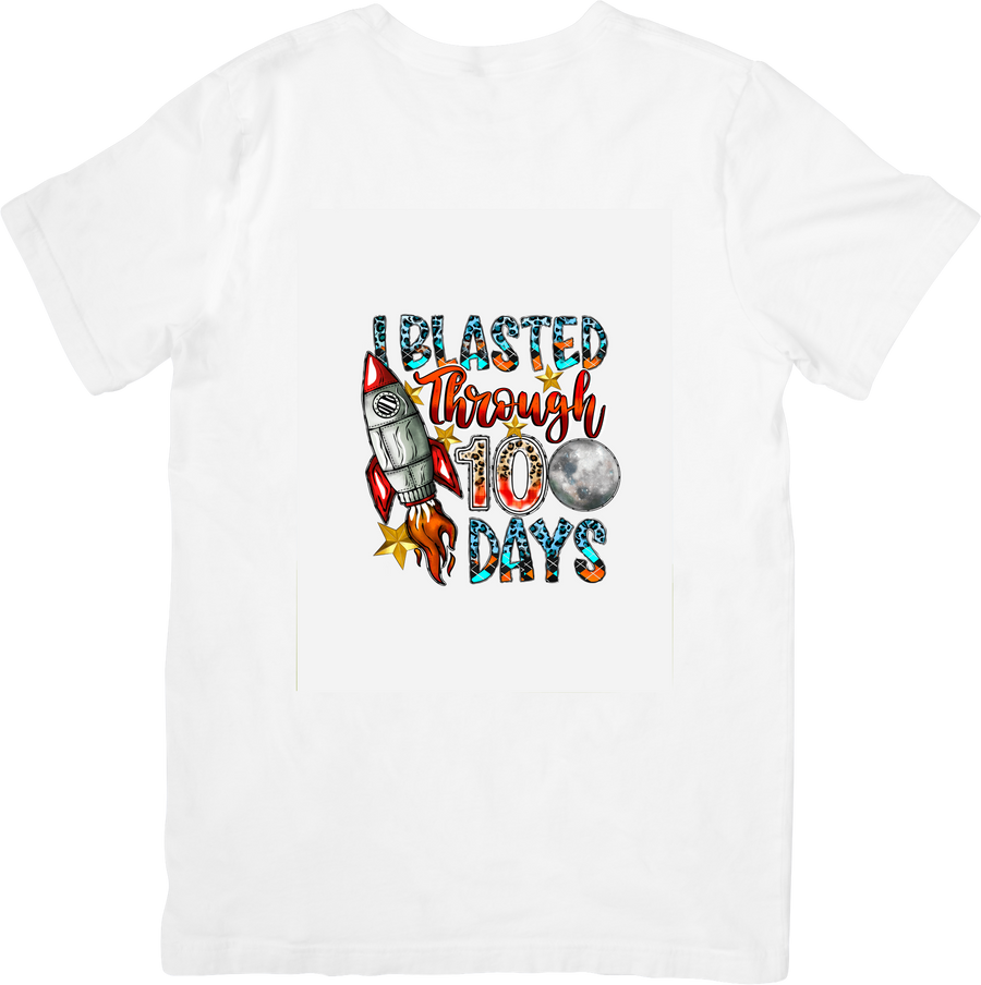 I Blasted Through 100 Days T-Shirt | Retro Space Rocket School Graphic Tee | Kids Gift