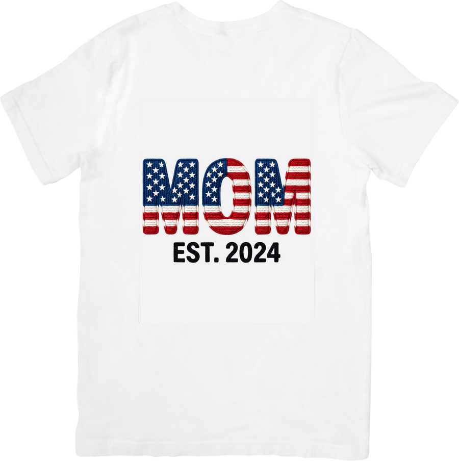 Mom Est 2024 T-Shirt | Patriotic American Flag New Mom Graphic Tee | Mother's Day Gift